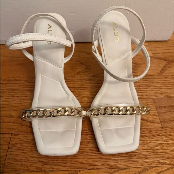 ALDO White Strappy Heels with Gold Chain Detail & Sculpted Mirror Heel – Size 7 - Picture 4 of 7